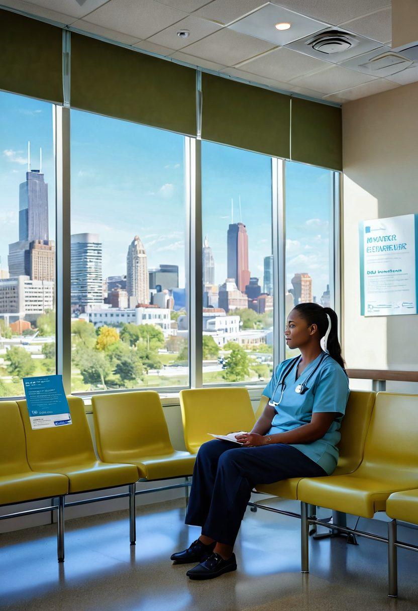 A hopeful patient sitting in a modern hospital waiting room, surrounded by diverse healthcare professionals discussing clinical trial options. Infographics about various treatments adorn the walls, and a window reveals a sunny Cook County skyline. The patient looks at a brochure with a sense of determination and curiosity. super-realistic. vibrant colors. inviting atmosphere.