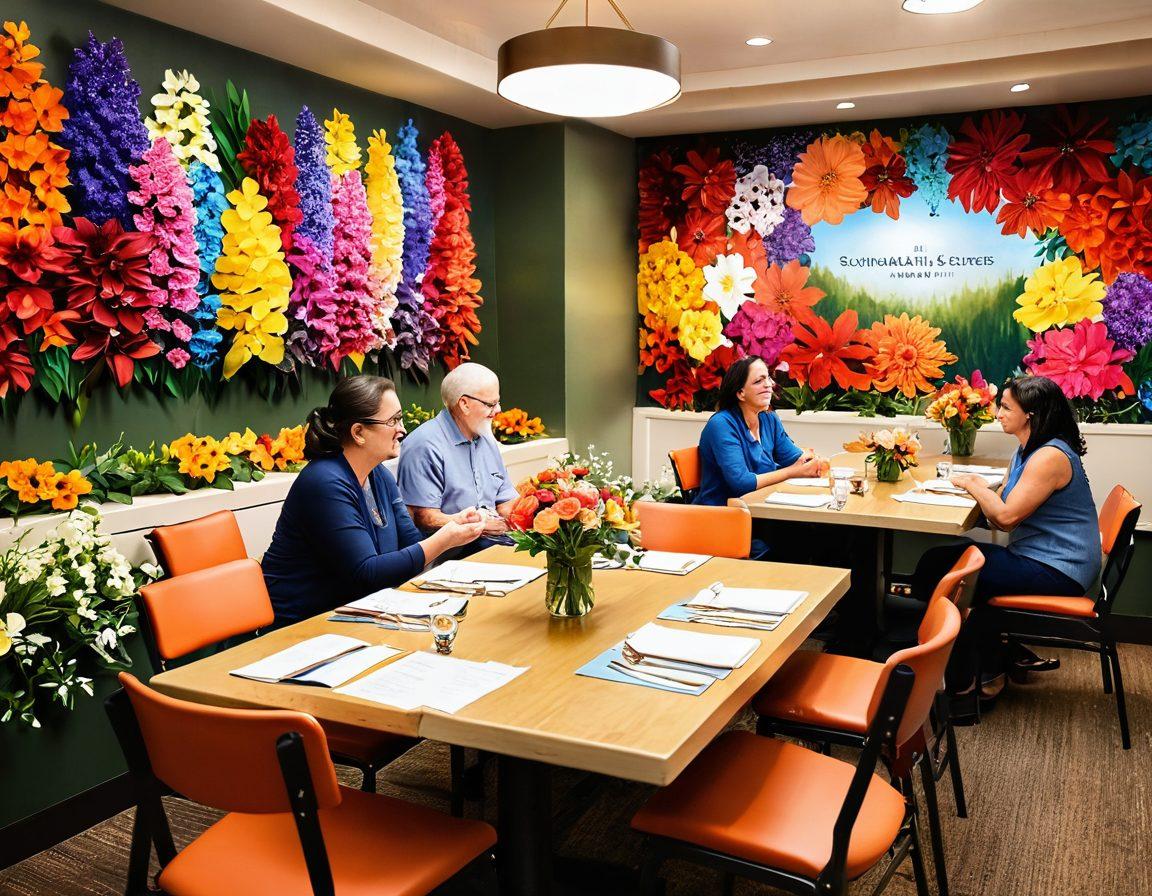 A supportive community gathering with diverse individuals sharing stories of strength, featuring a vibrant backdrop of blooming flowers symbolizing hope and resilience. Include elements such as informational brochures on tables, a cozy seating area, and warm, inviting lighting that conveys a sense of support and togetherness. super-realistic. vibrant colors. warm tones.