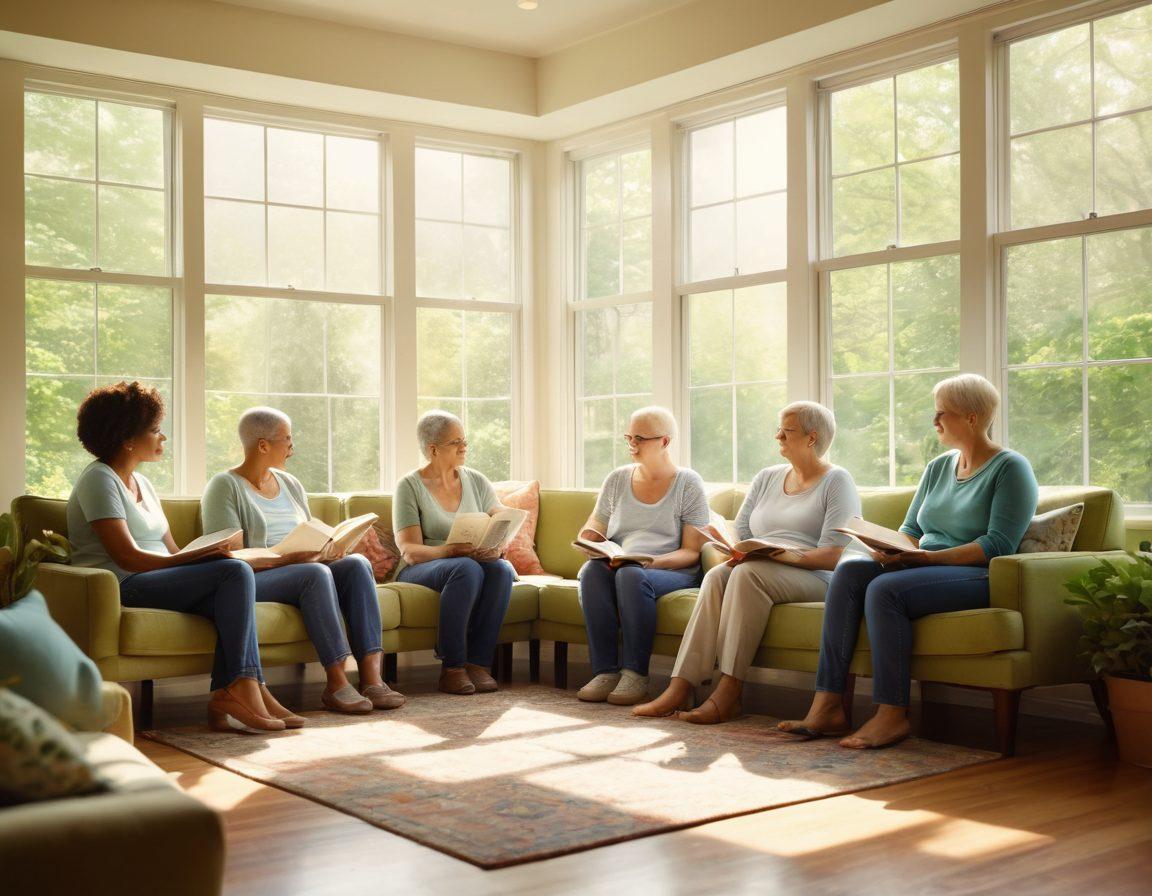 An inspiring and hopeful scene featuring a diverse group of cancer survivors sharing stories in a cozy support group setting, with comforting backgrounds of nature through large windows, filled with books and pamphlets about cancer care. Sunlight filters in, highlighting the positive atmosphere, and soft hues of green and blue create a sense of tranquility and support. super-realistic. vibrant colors. soft focus.